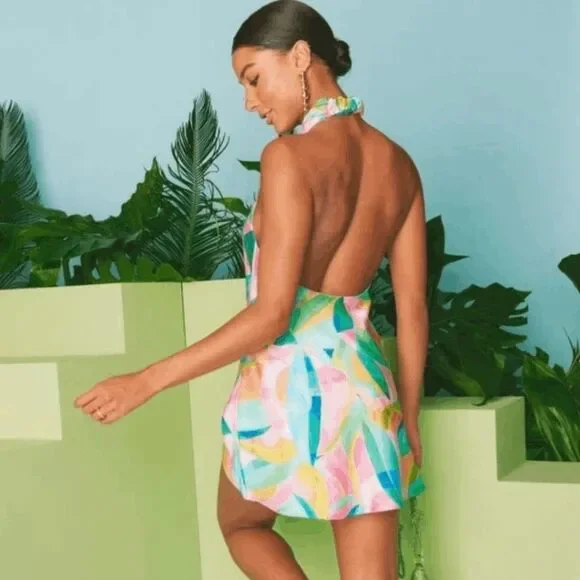 Show Me Your Mumu Jasmine Halter Mini Dress Burst Luxe Satin M - Picture 3 of 9